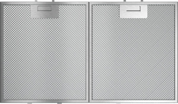 Set of two metal mesh filters designed for black stainless steel wall-mounted range hoods in kitchen appliances.