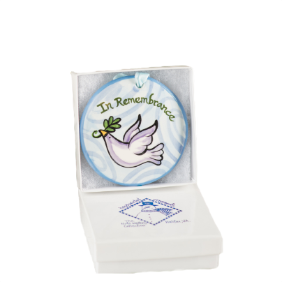 Hand-painted ceramic ornament with dove holding olive branch and "In Remembrance" text in Christmas Ornaments collection