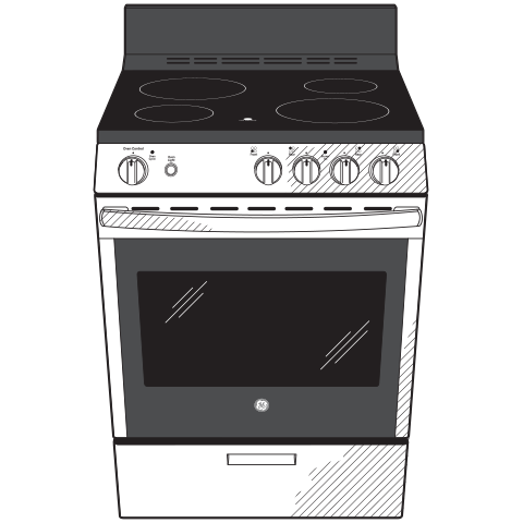 Free-standing range with black smooth cooktop, front control knobs, large oven window, and steam clean feature