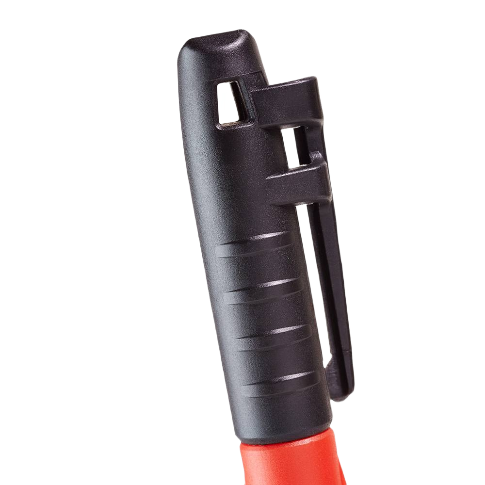 Close-up of black textured cap with clip on a red fine point job site marker for tools and home improvement tasks