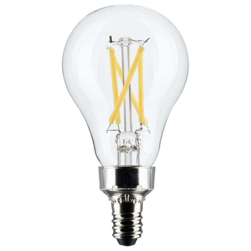Clear A15 LED light bulb with warm white filament and candelabra base for lighting and electrical use