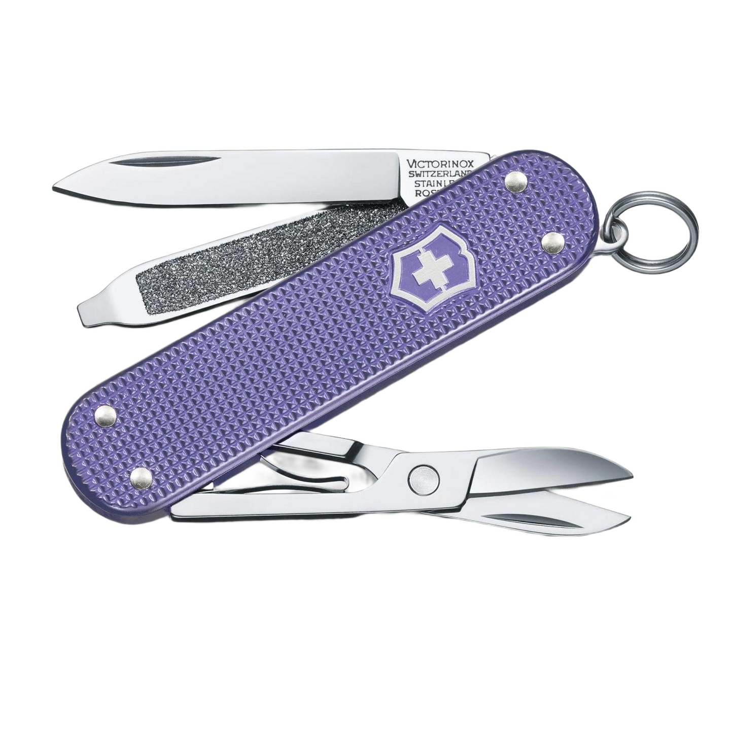 Compact electric lavender multi-tool pocket knife with small blade, scissors, and nail file for hand tools and cutting tasks under $50 collection