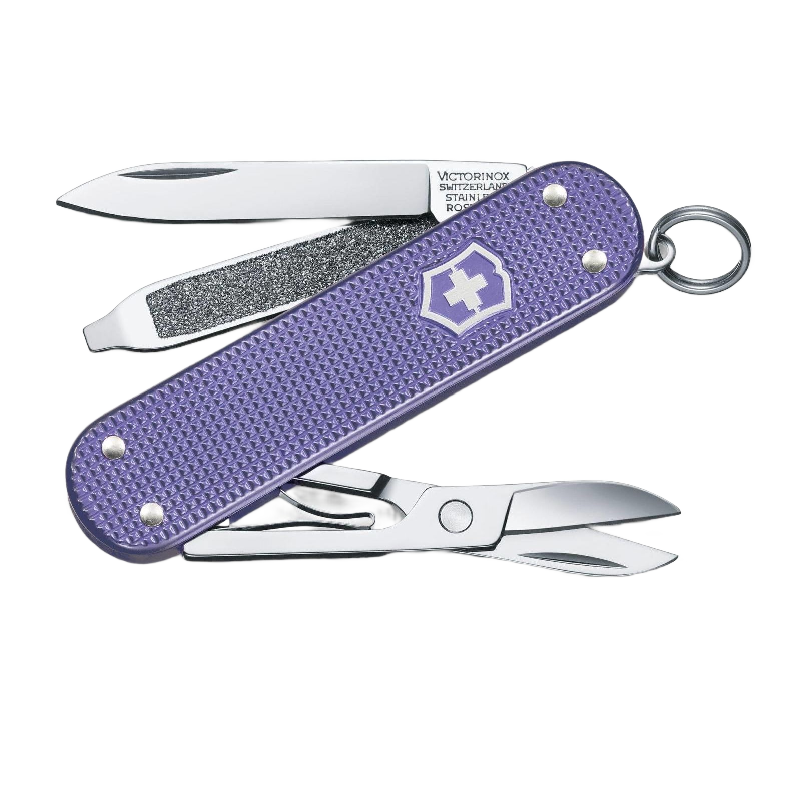 Compact electric lavender multi-tool pocket knife with small blade, scissors, and nail file for hand tools and cutting tasks under $50 collection