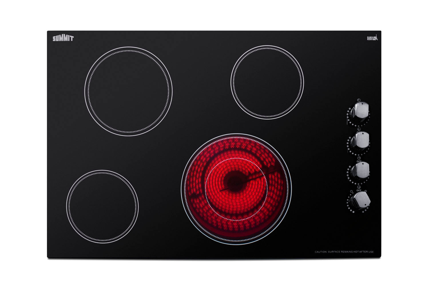 Black 4-burner radiant cooktop with smooth glass surface and illuminated heating element from electric cooktops collection