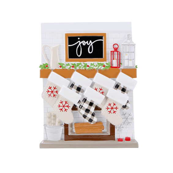 Ornament featuring cozy fireplace mantle with six stockings, holiday greenery, lanterns, and festive "joy" sign for Christmas décor under $50