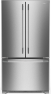 Stainless steel French door refrigerator with bottom freezer and sleek handles in KitchenAid appliances collection