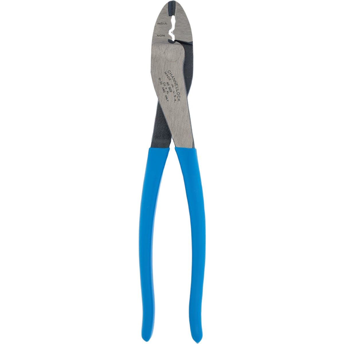 Polished steel crimping and cutting plier with blue handles designed for tools and home improvement use