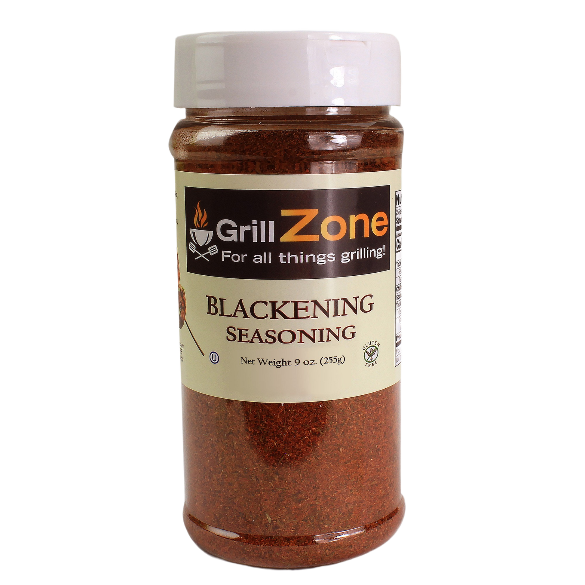 Clear plastic bottle of Grill Zone bold blackening seasoning blend for grilling in BBQ Sauces & Rubs collection
