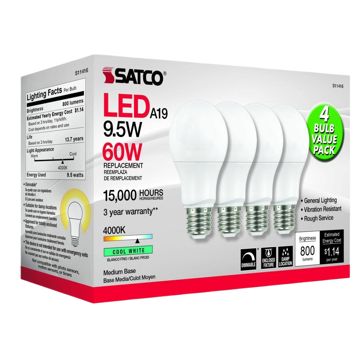 Pack of four Satco 9.5W A19 LED bulbs with medium base, cool white 4000K, dimmable, and energy-efficient lighting