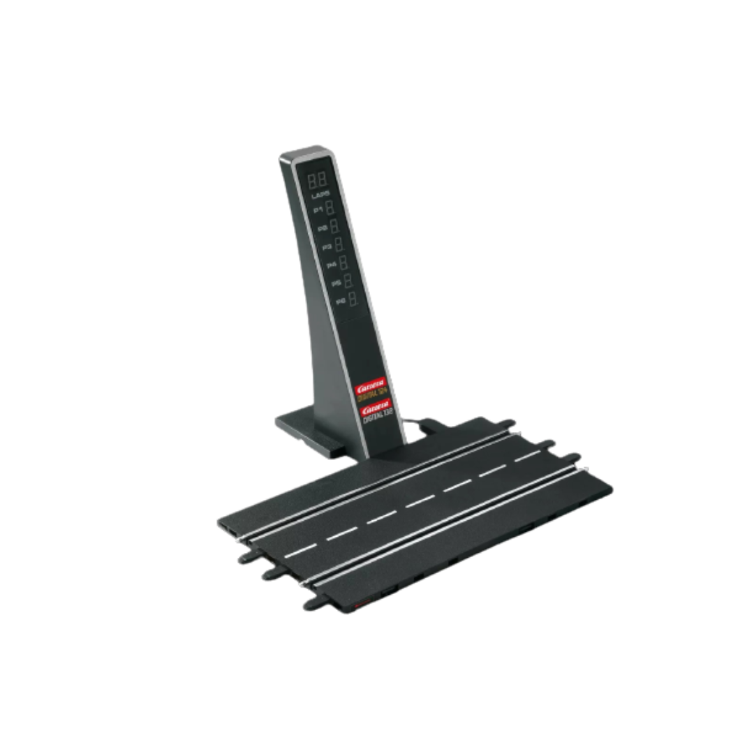 Digital lap counting tower with integrated track segment for remote controlled toys and racing game collections