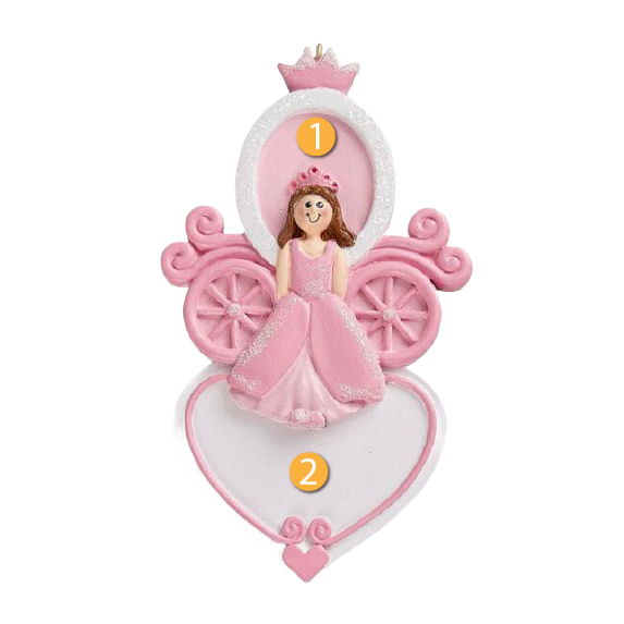 Brunette princess figurine ornament in pink dress with crown on heart-shaped carriage for Christmas décor under $50 collection