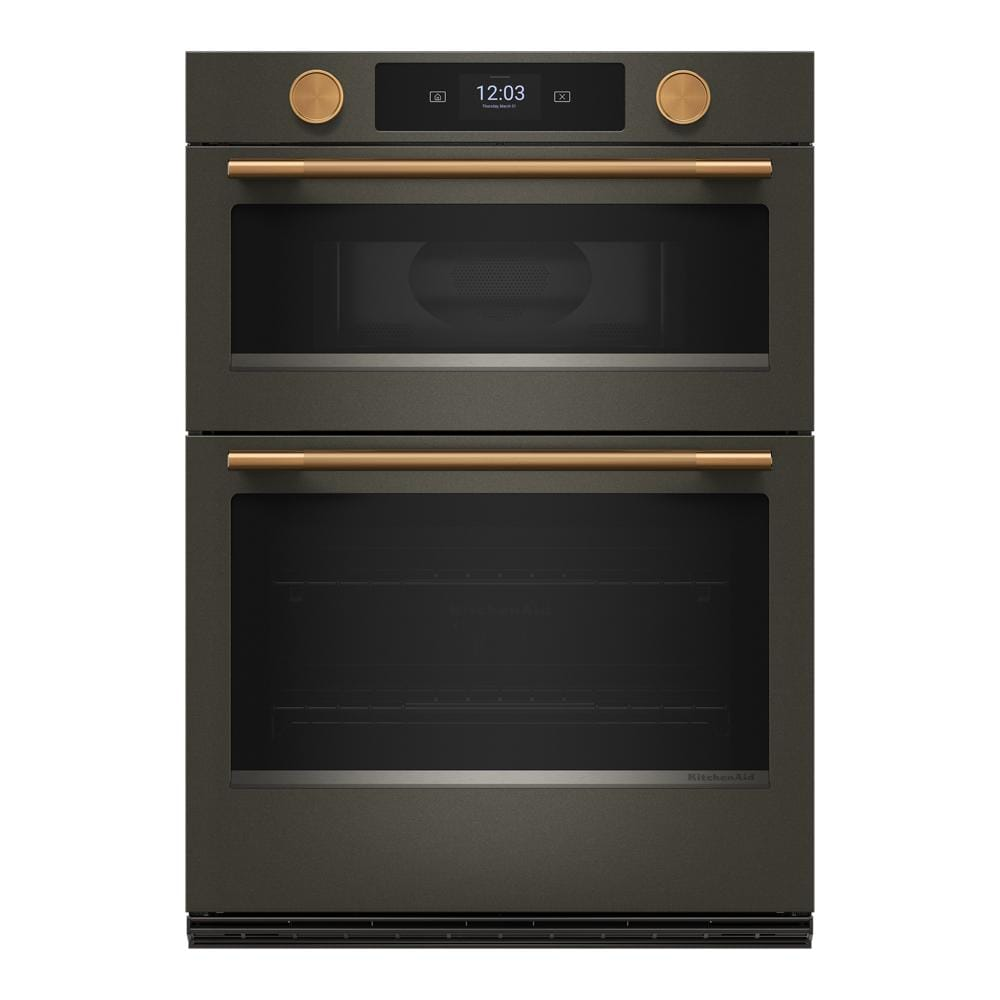 Front-facing view of a 30-inch smart electric combo wall oven in Black Ore with dual compartments, bronze handles and knobs, digital display, part of KitchenAid appliances for home improvement and kitchenware collections.