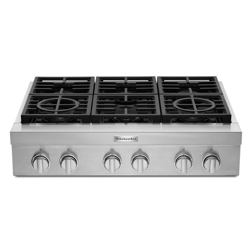 Stainless steel 36-inch commercial-style gas rangetop with six burners and metal control knobs from KitchenAid collection