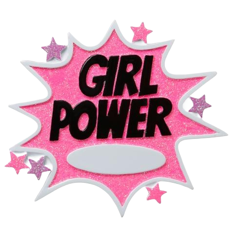 Pink glitter burst ornament with bold black "GIRL POWER" text and star accents for Christmas decorations under $50 collection