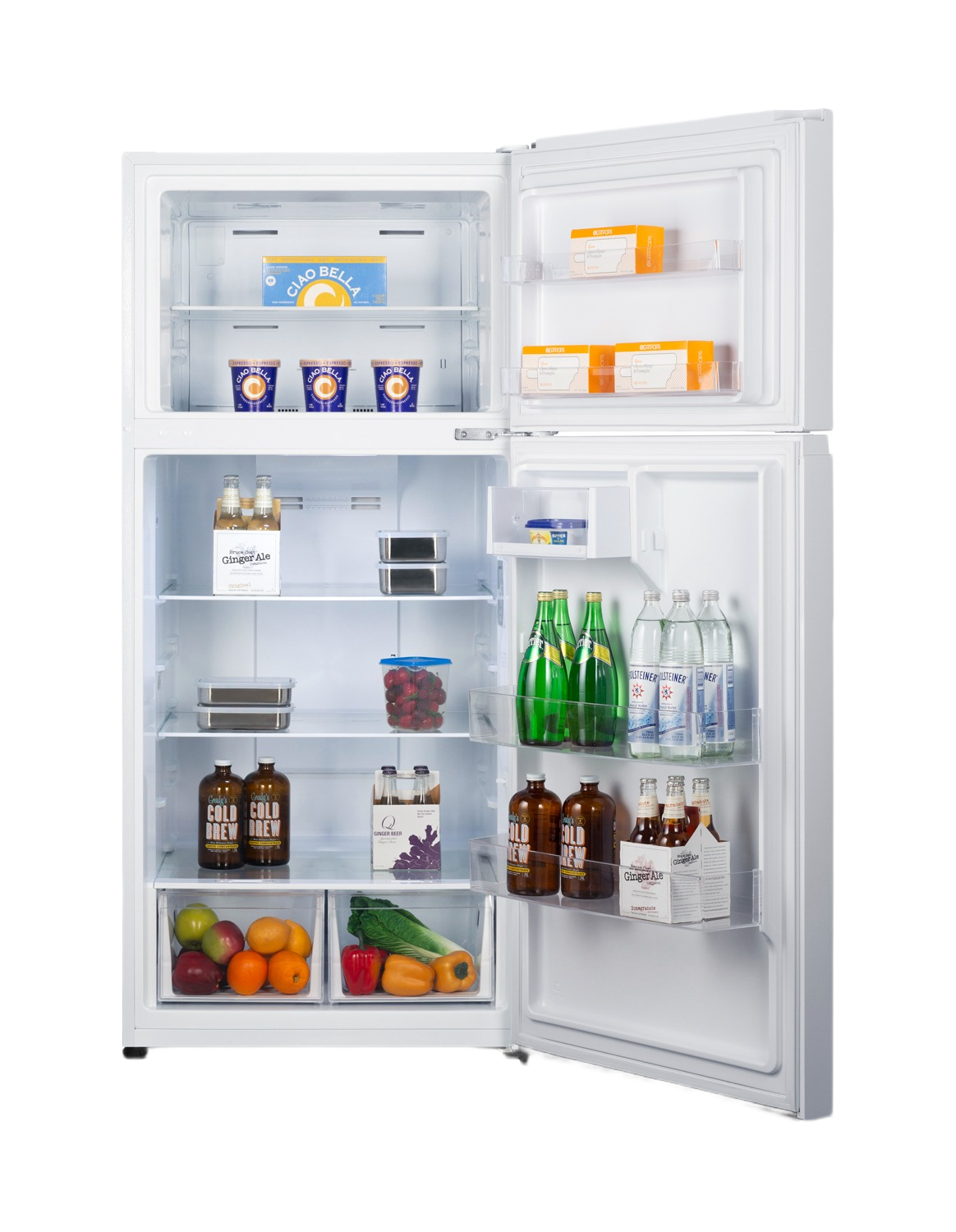 30-inch wide white top-mount refrigerator-freezer open to show organized interior with drinks, produce, and packaged food, featured in Refrigerators, Kitchen & Kitchenware, and Appliances at Hartville Hardware.