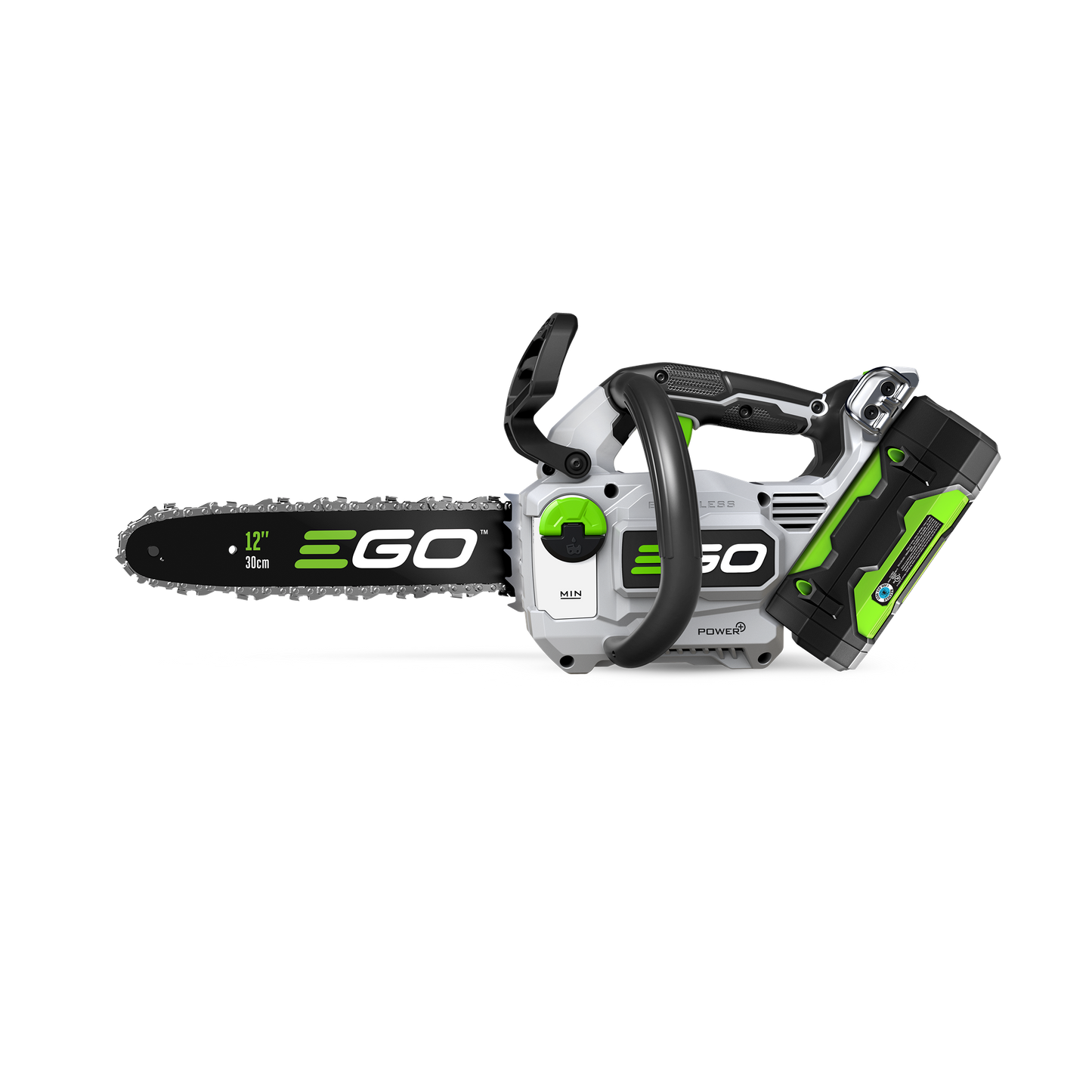 Cordless compact chainsaw with 12-inch bar, battery pack, and ergonomic handle for tools and home improvement tasks