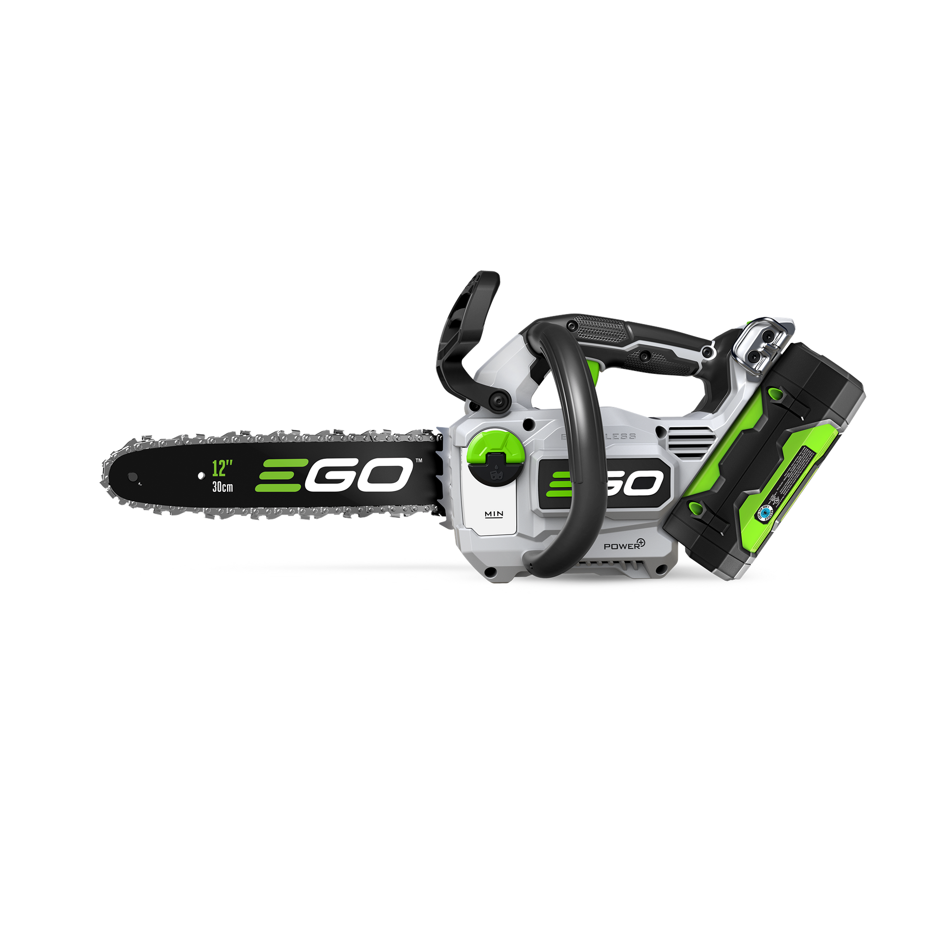 Cordless compact chainsaw with 12-inch bar, battery pack, and ergonomic handle for tools and home improvement tasks