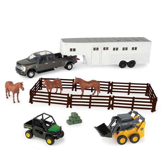 Toy farm set including three horses, pickup truck with trailer, fencing, utility vehicle, loader, and hay bales for play use.