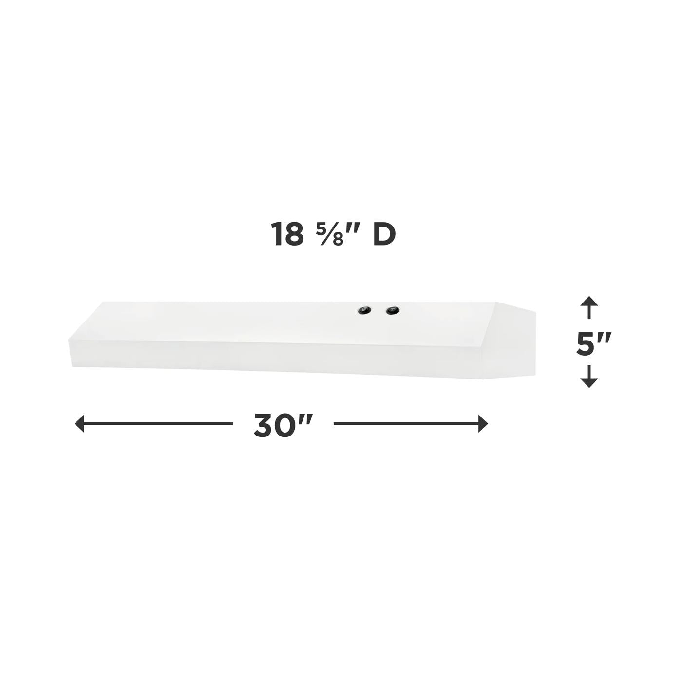 White overhead range hood with 30-inch width, 2-speed fan controls, dishwasher safe grease filter in appliances collection