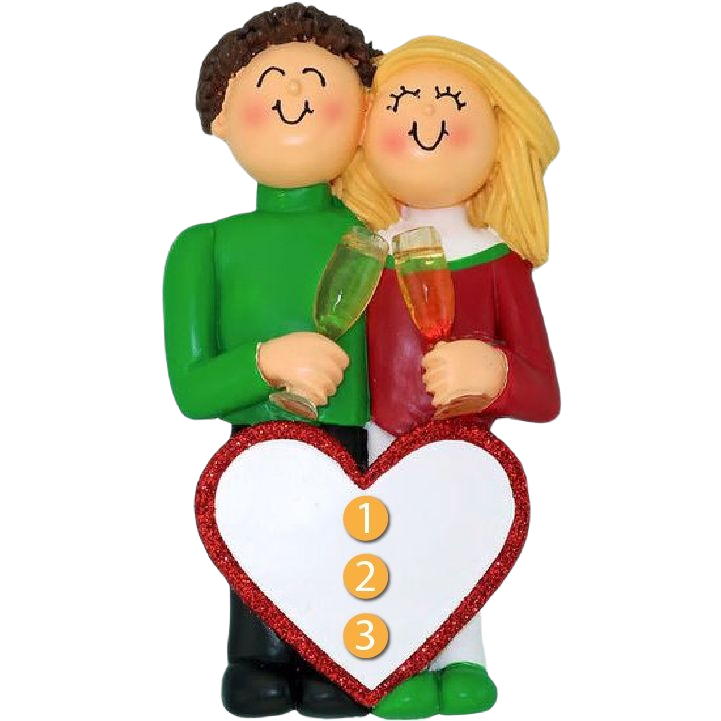 Couple ornament with brunette male and blonde female holding drinks, featuring a heart for personalized messages from Christmas collection
