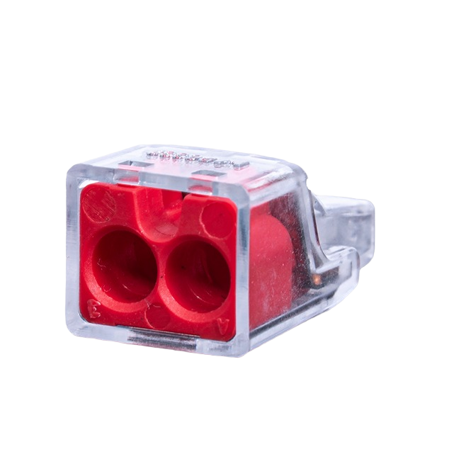 Clear polycarbonate 2-port wire connector with red color-coded housing for electrical and home improvement projects under $50