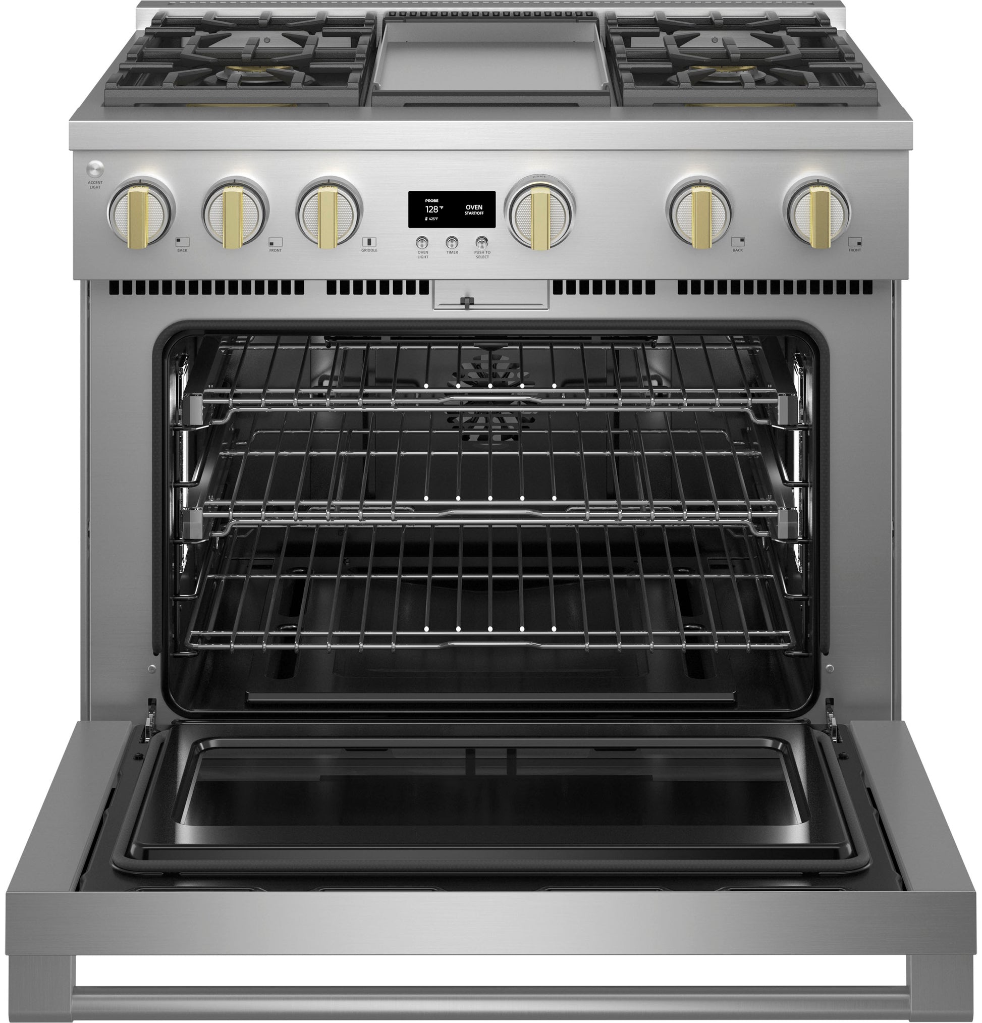 Stainless steel professional gas range with four burners, griddle, and oven featuring multiple racks in kitchen appliances collection