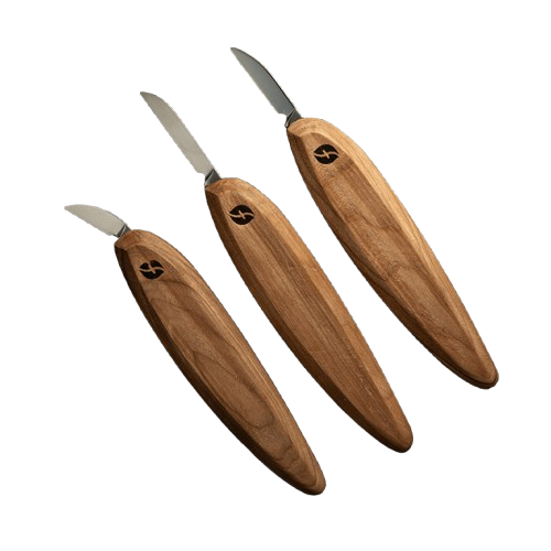 Set of three woodworking carving knives with polished wooden handles for precision carving in woodworking tools collection under $100