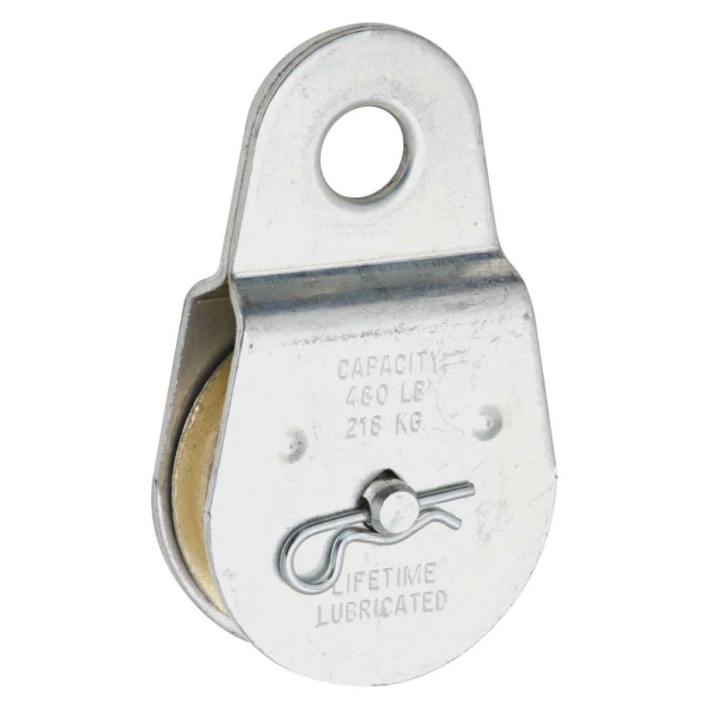 Steel fixed eye rope pulley with metal wheel, designed for heavy-duty lifting in home improvement and fastener projects