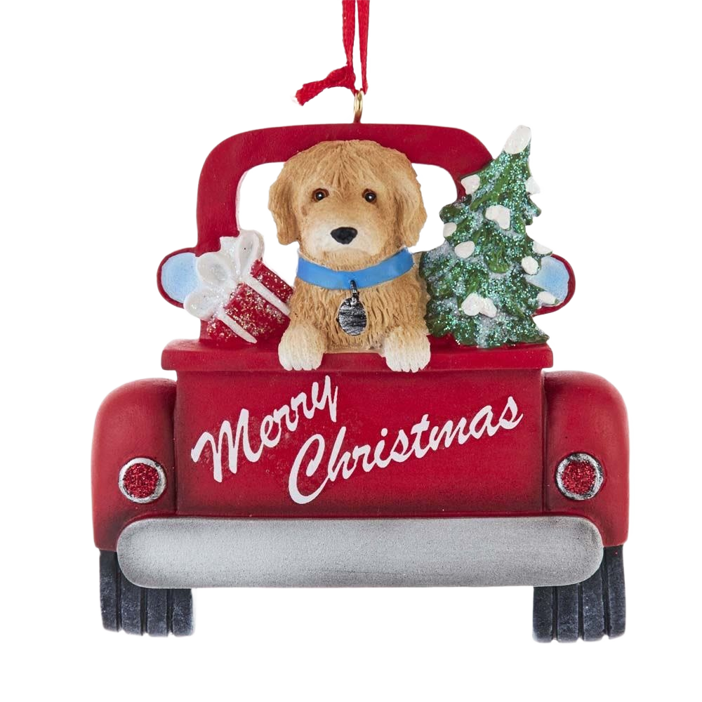 Red truck ornament with a Labradoodle puppy, Christmas tree, and gift boxes for holiday decoration