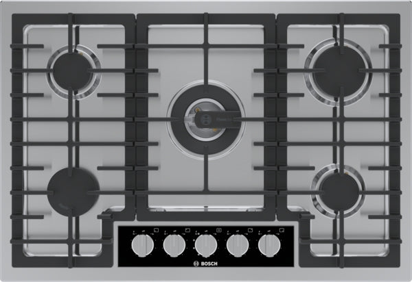 Stainless steel 30-inch gas cooktop with five burners and black control knobs from kitchen appliances collection