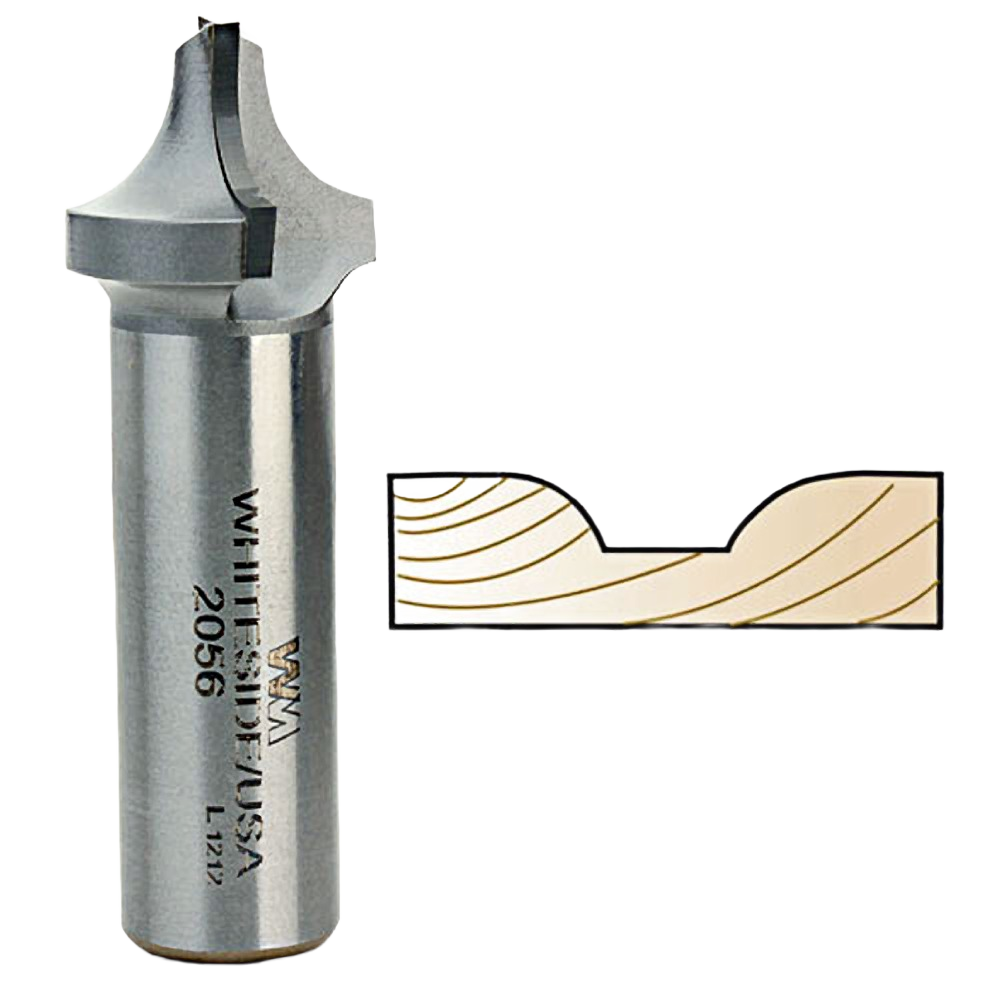 Router bit with plunge point and wood profile sample for woodworking in power tool accessories collection