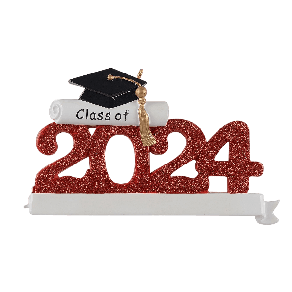 Red glittered 2024 graduation ornament with scroll and black cap, festive Christmas decoration under 50 dollars collection