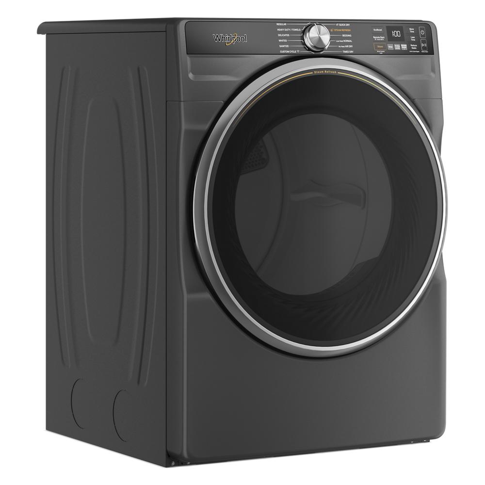 Angled view of dark gray smart front load gas dryer with digital controls and large round door from Dryers and Gas Dryers collections