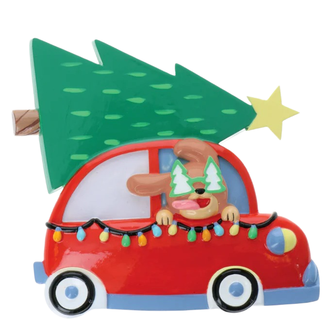 Festive dog wearing tree glasses peeking from red car with Christmas tree and colorful lights ornament under $50 collection