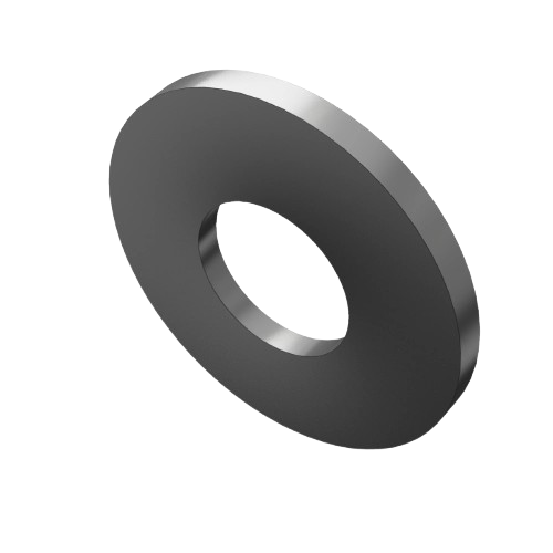 Flat steel washer with smooth surface and central hole for fastening applications in tools and home improvement projects