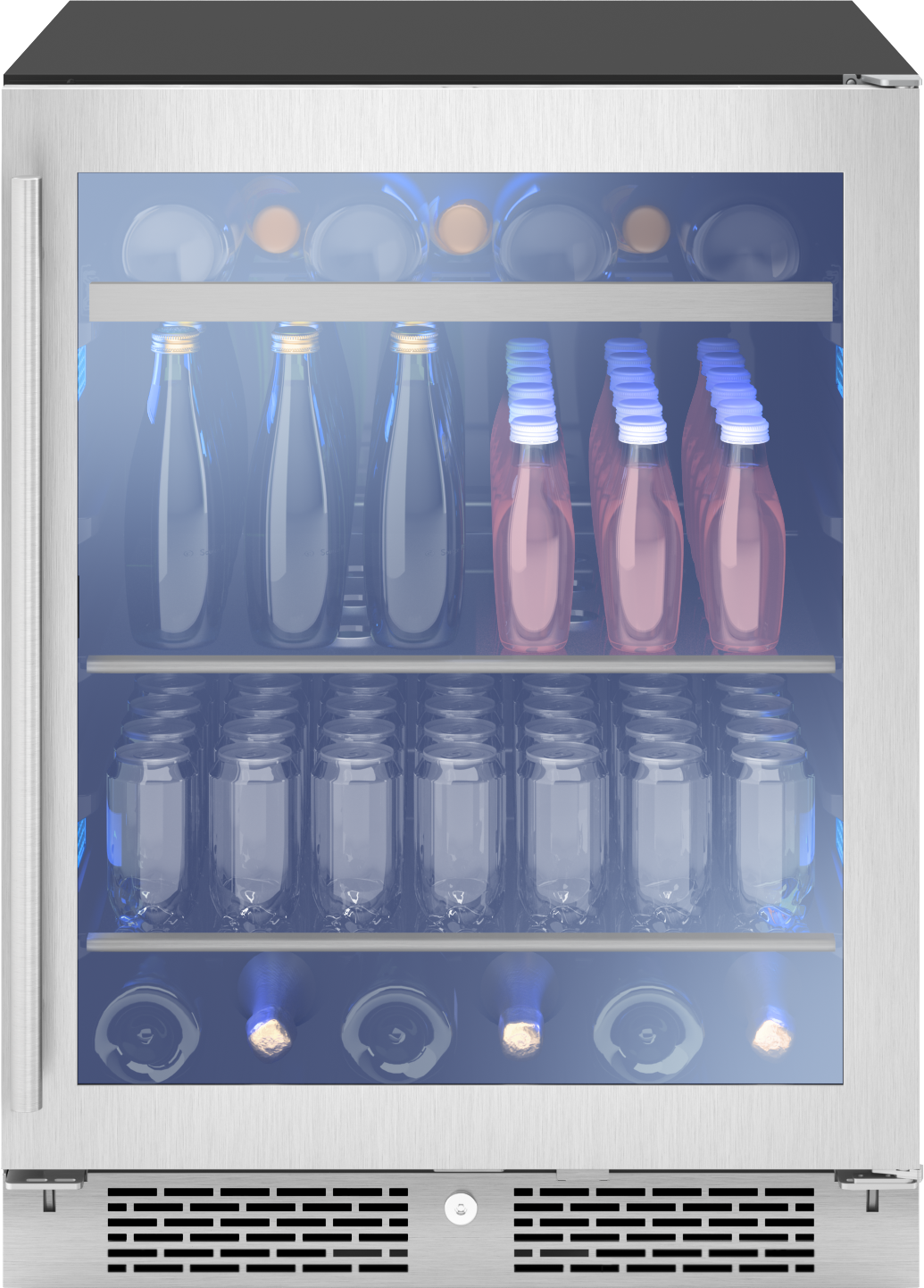 Reversible beverage center with glass door, stainless steel frame, wood racks, storing bottles and cans in appliances collections