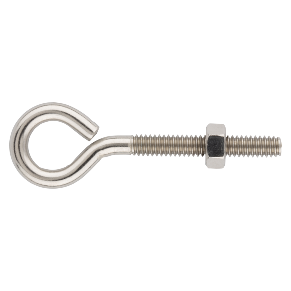 Stainless steel eye bolt with hex nut and machine screw threads for hardware, fasteners, and home improvement use under $50