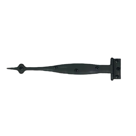 Smooth black metal spear-style cabinet strap hinge with 3/8 inch offset for home improvement projects