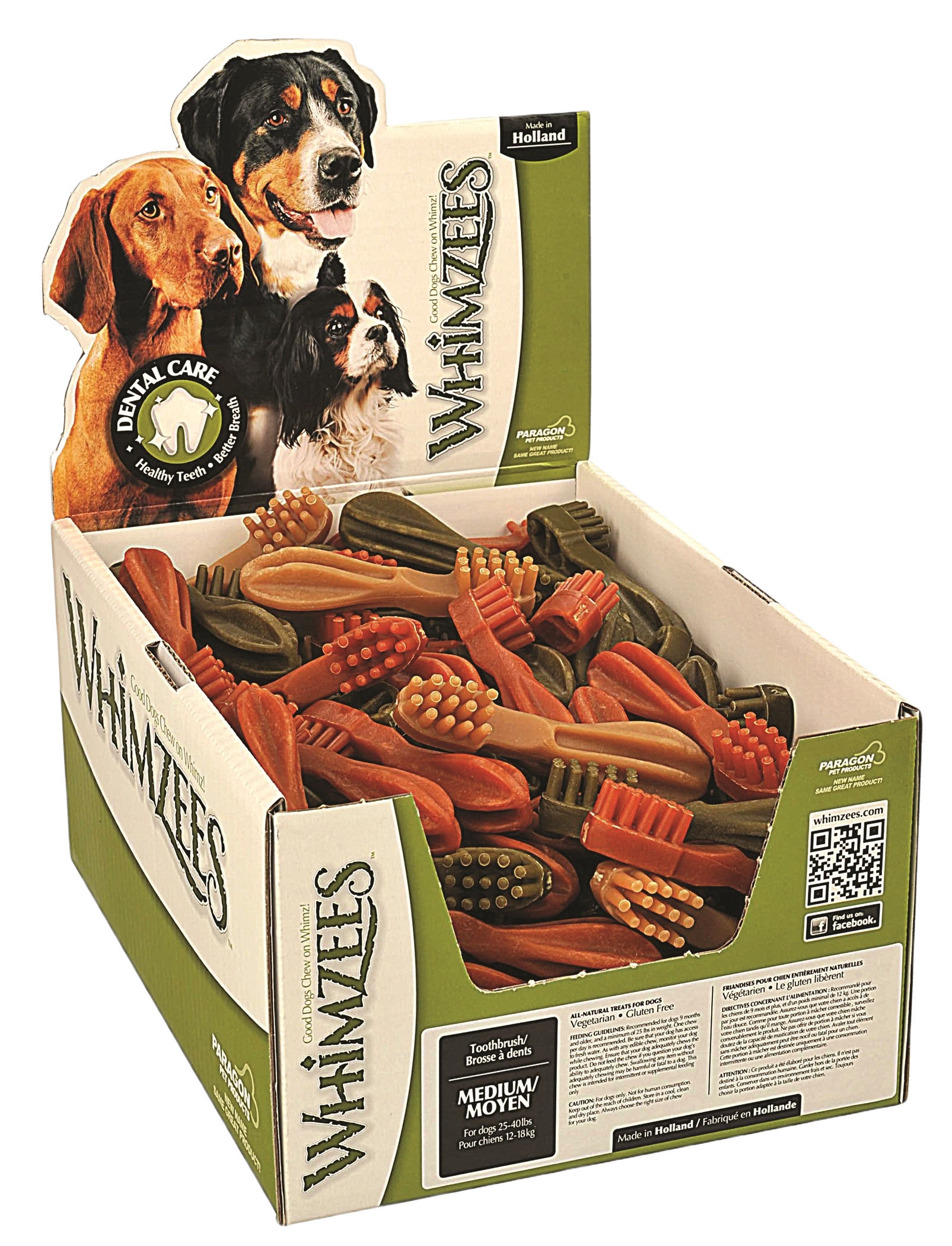 Display box of assorted star-shaped Whimzees Brushzees dog treats for dental care in pet supply collection