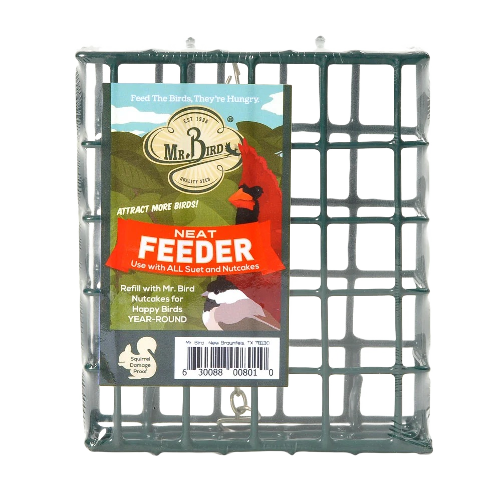 Square metal bird feeder cage designed for suet and nutcakes to attract outdoor birds year-round