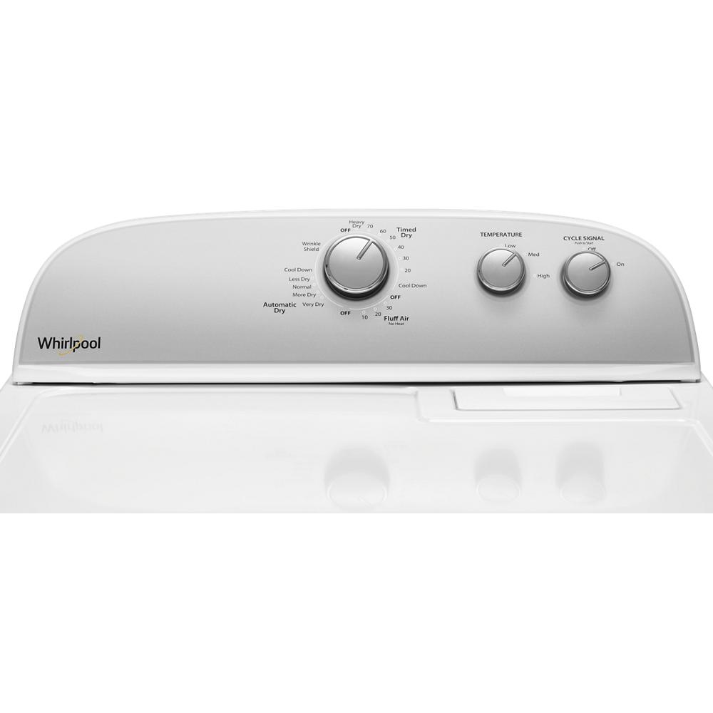 Control panel of white Whirlpool top load gas dryer with AutoDry™ system and temperature and cycle signal knobs