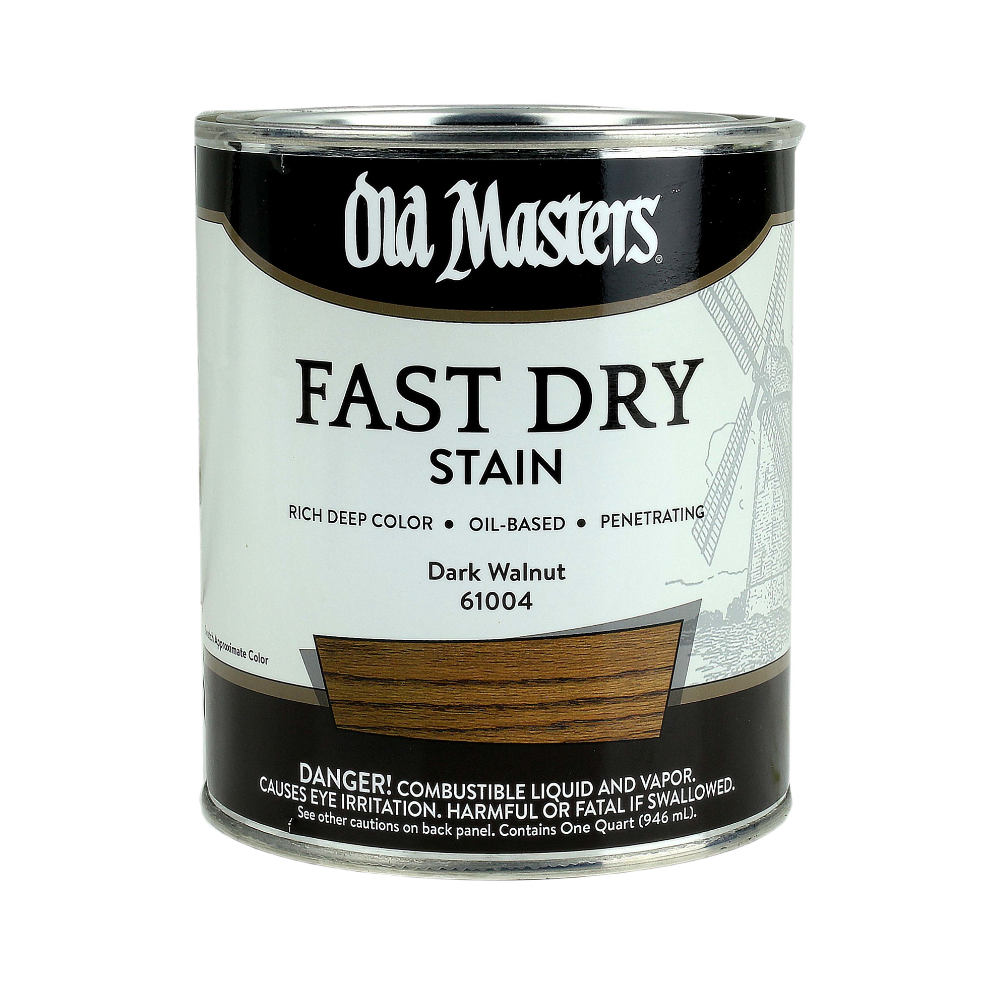 Can of dark walnut fast drying wood stain by Old Masters for home improvement and tools use