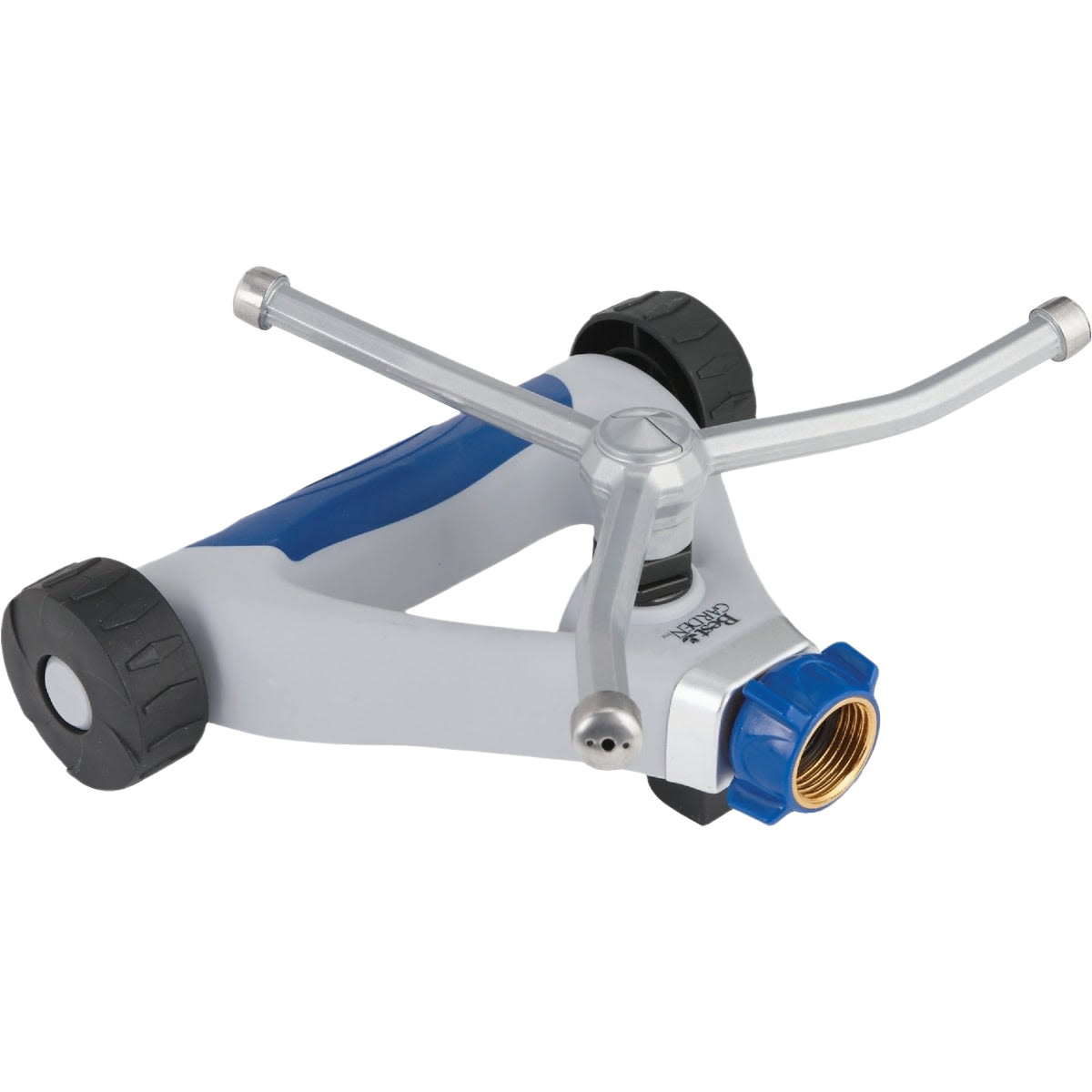 Metal three-arm rotary sprinkler with blue accents and wheels for lawn watering in irrigation tools collection