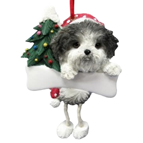 Black and white Shih Tzu dog Christmas ornament with dangling legs and decorated tree for festive holiday decor under $50