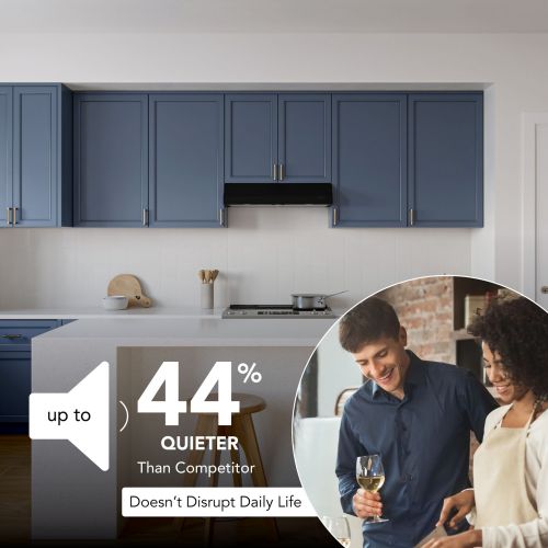 Modern kitchen with blue cabinets and black under cabinet range hood from Over the Range Hoods collection