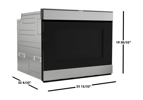 Compact built-in microwave drawer with flat panel and stainless steel trim for modern kitchen appliances and home improvement.