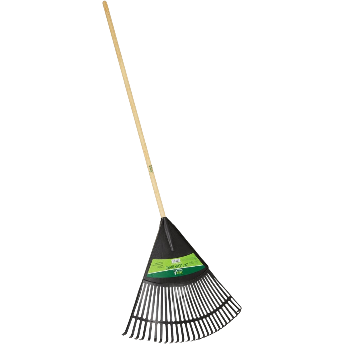 Poly leaf rake with wooden handle and flexible black plastic tines for efficient yard cleanup in tools and home improvement tasks
