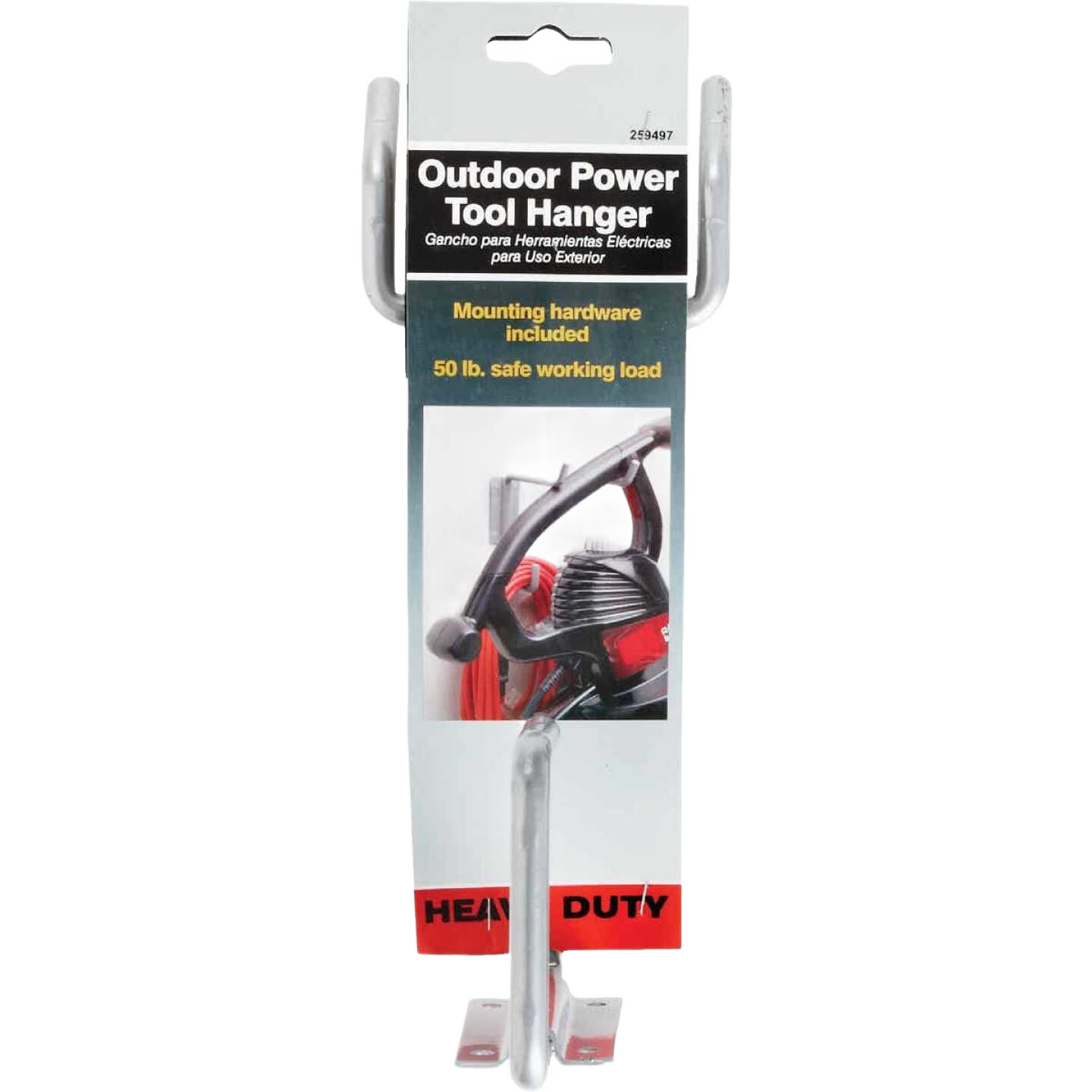 Heavy-duty garden tool wire hanger with mounting hardware for outdoor power tool storage in garage and organization collections under $50