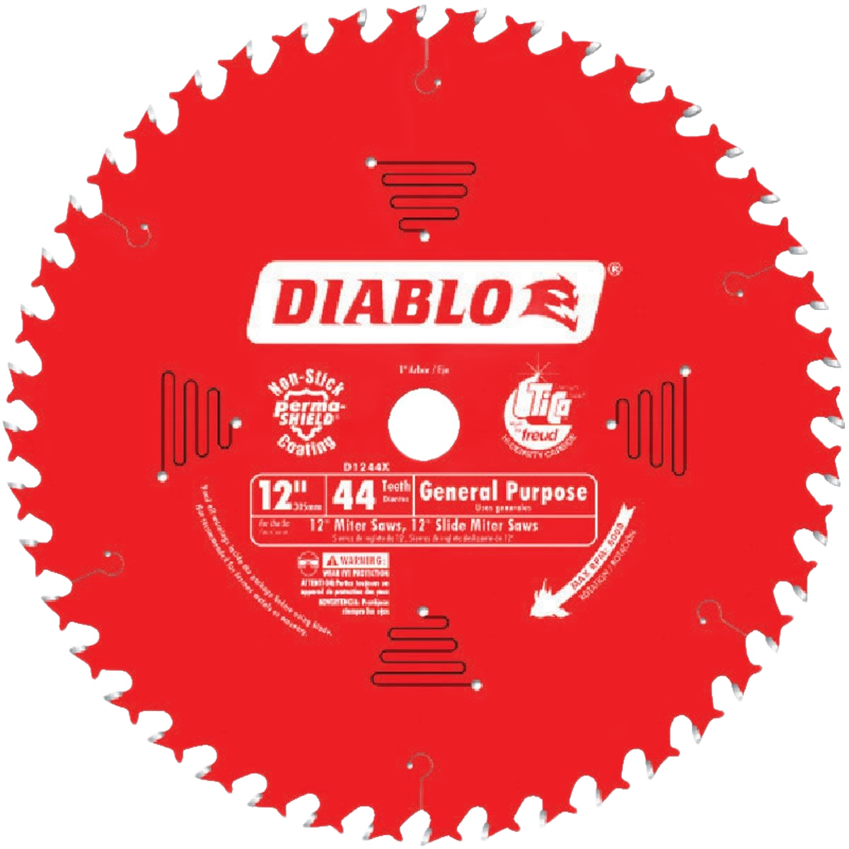 Red 12-inch circular wood saw blade with 44 teeth, carbide-tipped for woodworking tool accessories and home improvement.