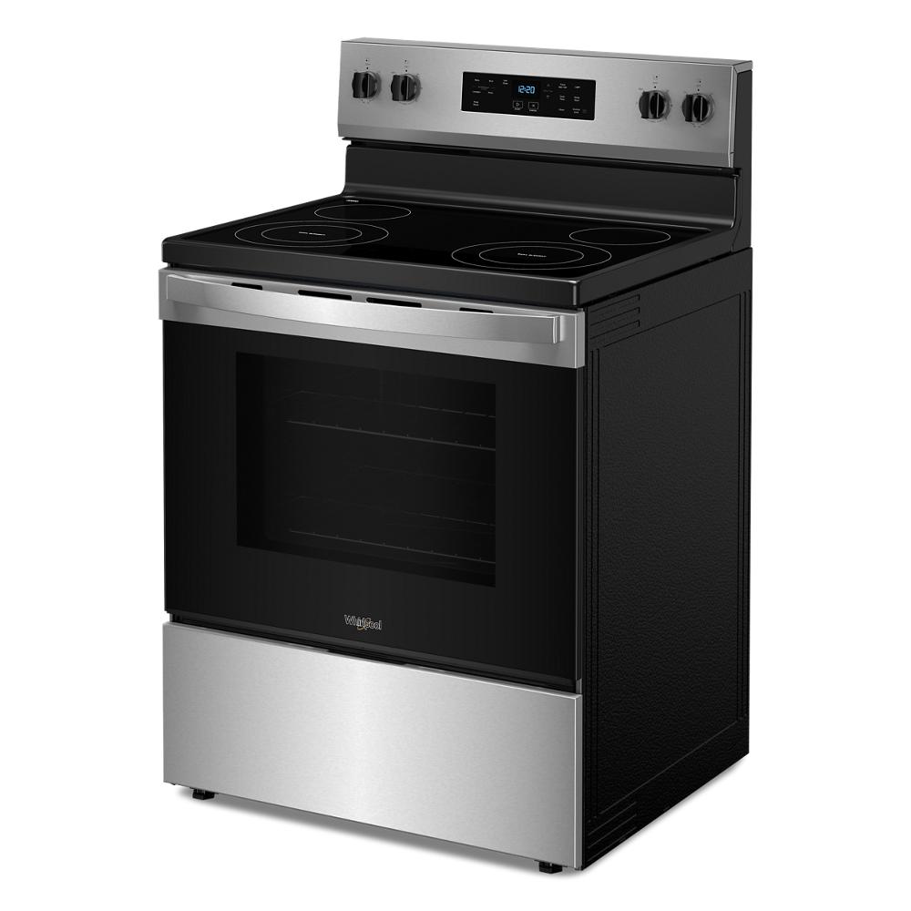 stainless steel 30-inch electric range with smooth glass cooktop, digital controls, and large oven window in kitchen appliances collection